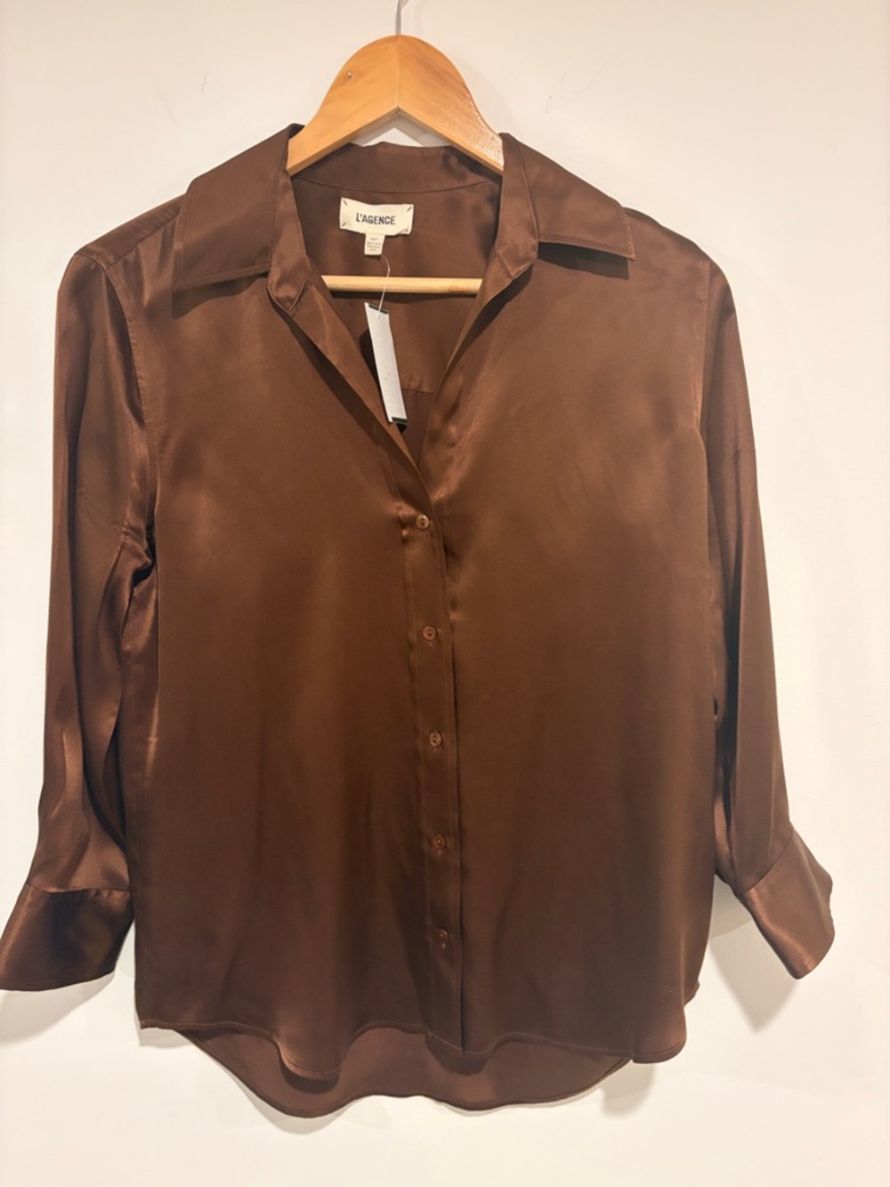 L'AGENCE Chocolate Brown Satin Button-Down Shirt